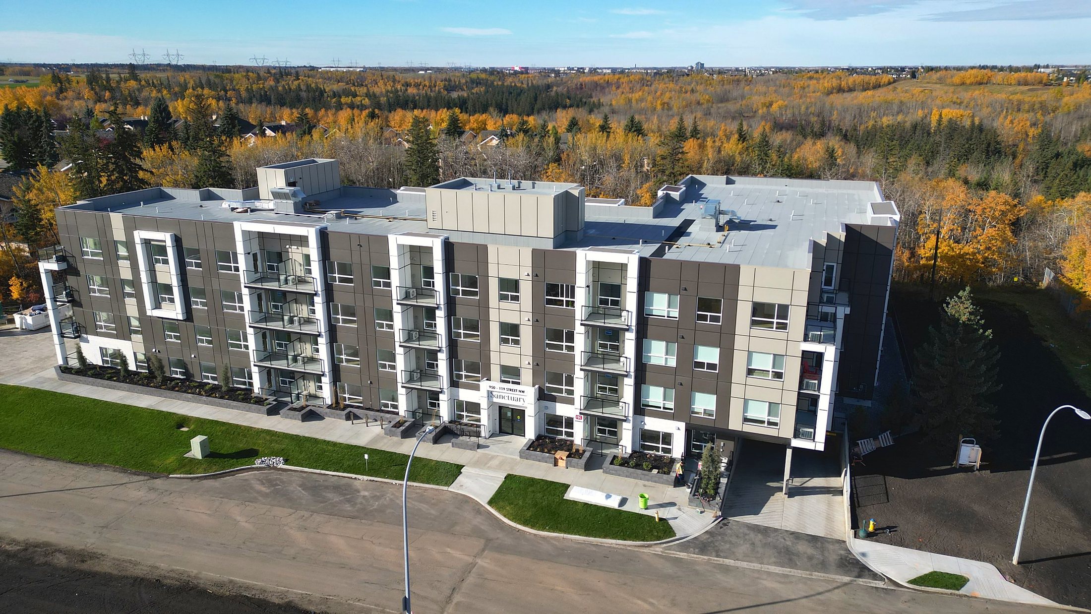 Aerial view of The Sanctuary and the surrounding ravine in fall