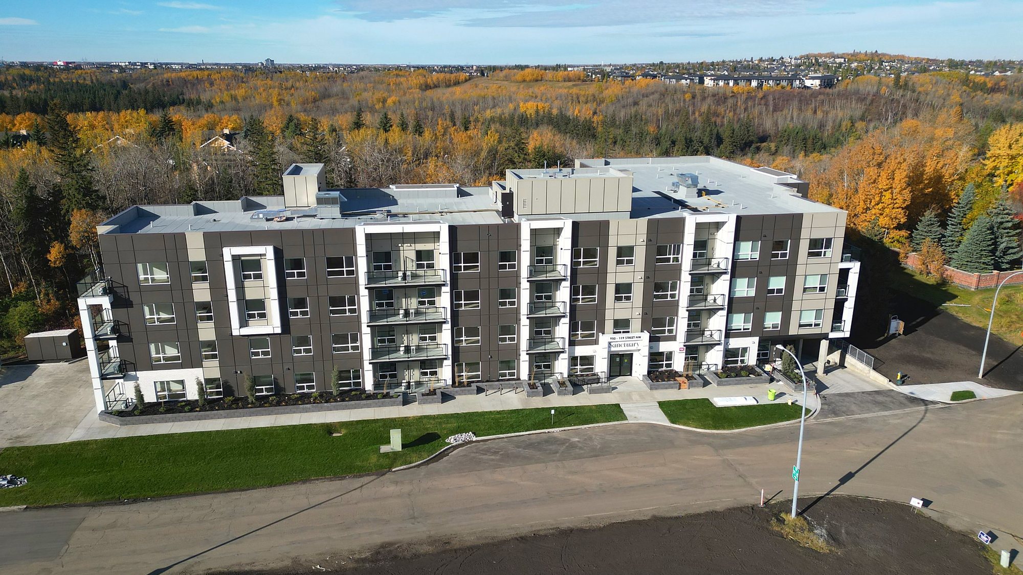 Aerial view of The Sanctuary with the Twin Brooks ravine and neighbourhood behind it